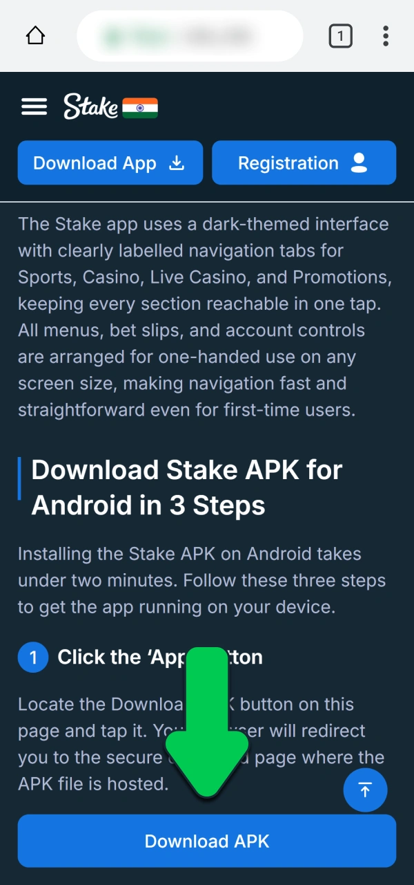 Press the direct setup link to download Stake APK for Android.